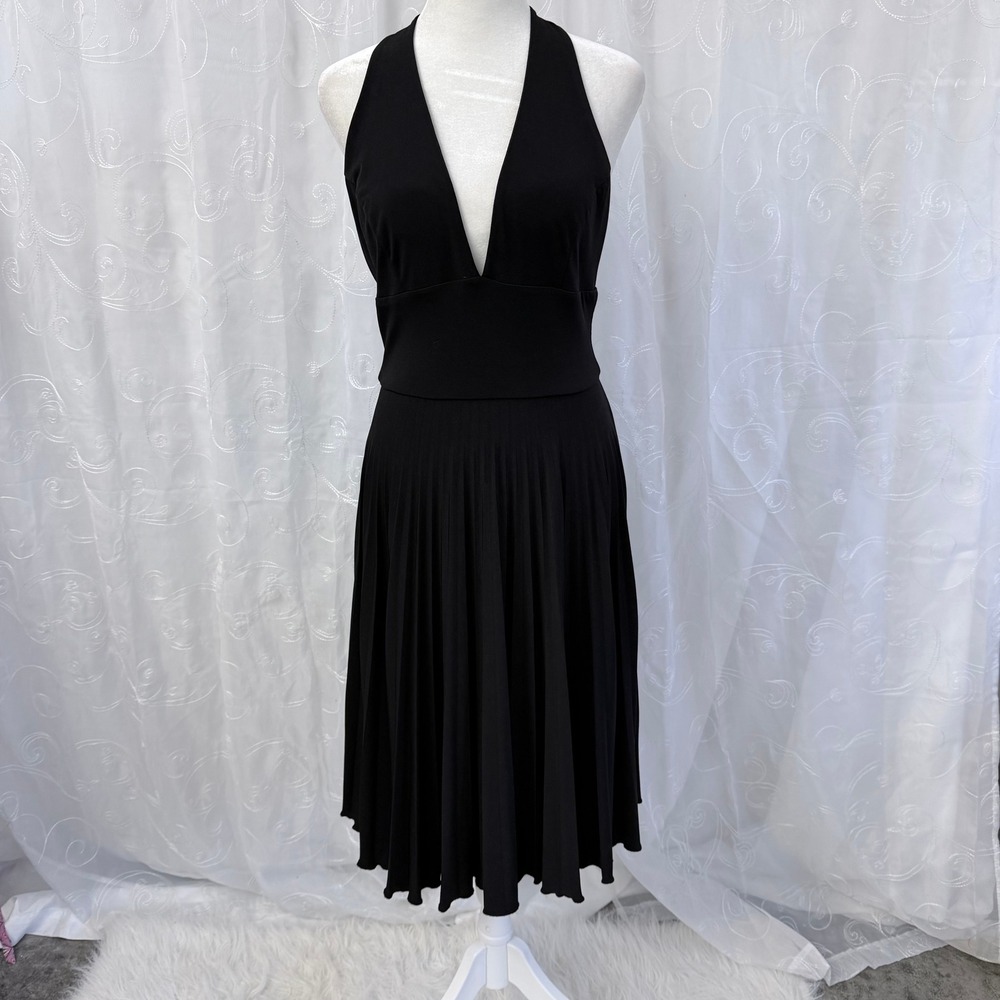 Max and Cleo Y2K Cocktail Black Halter Pleated Dress Deep V-Neck Cocktail Size S